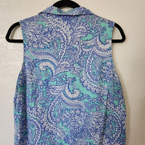 Cynthia Rowley Linen Dress US 8 Blue Paisley Print Sleeveless Pockets Summery - Picture 7 of 9